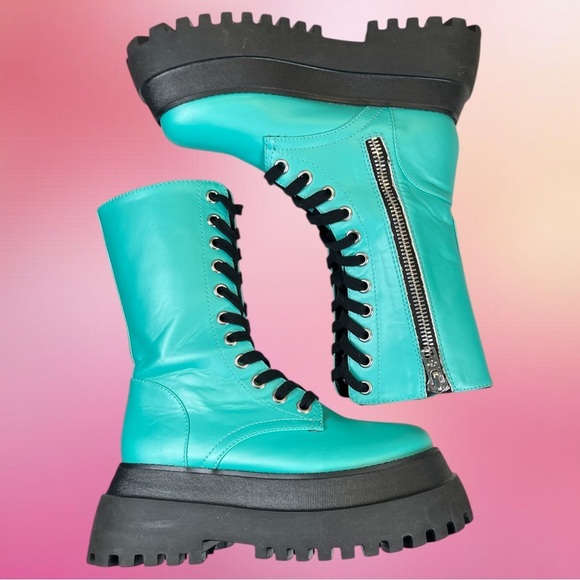 Dolls Kill | Current Mood Teal Platform Combat Boots - Picture 5 of 10